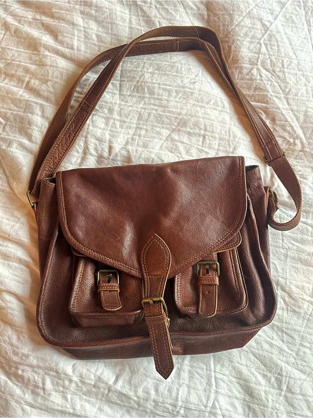 Classic KomalC Brown Leather Crossbody Bag with Front Buckle Pockets
